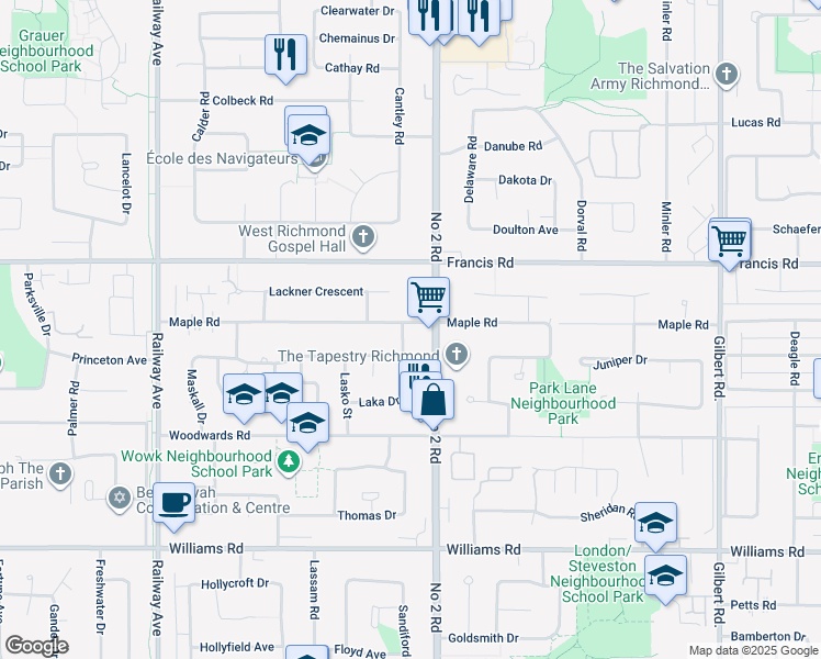 map of restaurants, bars, coffee shops, grocery stores, and more near 5700 Maple Road in Richmond