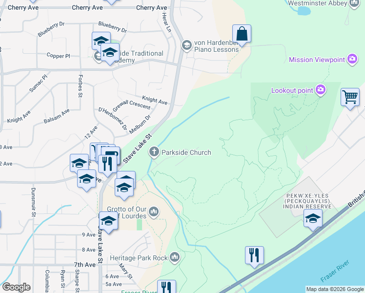 map of restaurants, bars, coffee shops, grocery stores, and more near 33861 Prentis Avenue in Mission