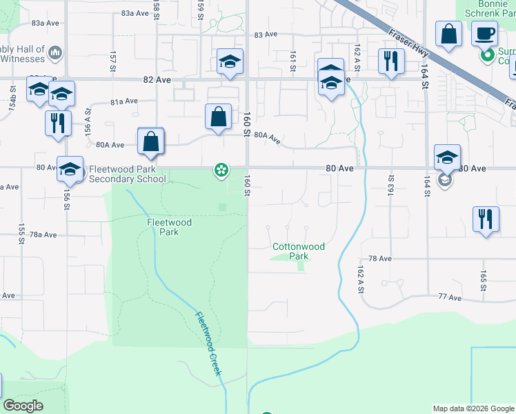 map of restaurants, bars, coffee shops, grocery stores, and more near 16053 79 Avenue in Surrey