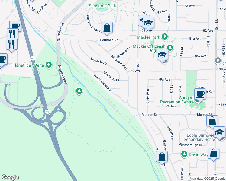 map of restaurants, bars, coffee shops, grocery stores, and more near 10662 Santa Monica Place in Delta