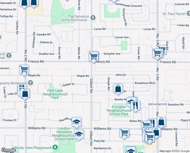 map of restaurants, bars, coffee shops, grocery stores, and more near 7200 Afton Drive in Richmond