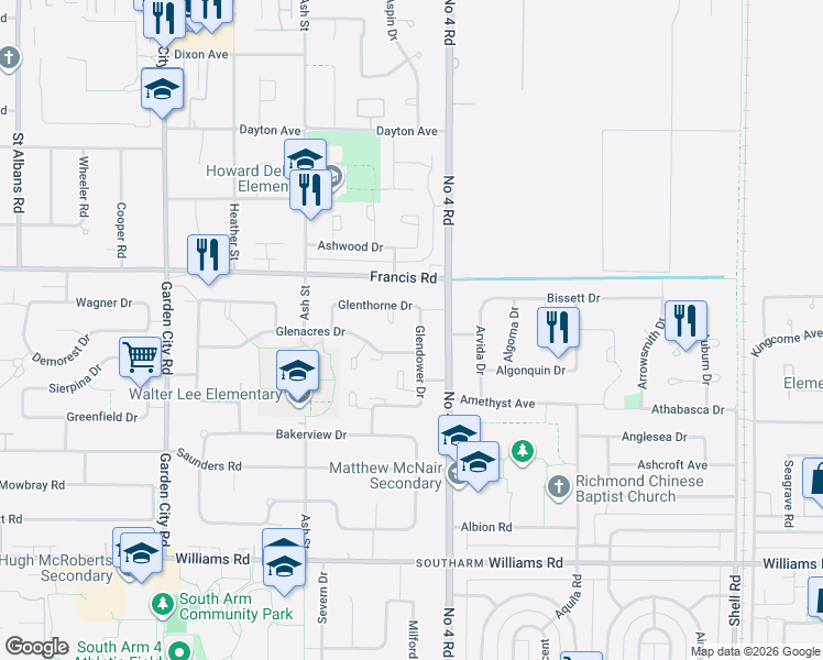 map of restaurants, bars, coffee shops, grocery stores, and more near 9151 Glendower Drive in Richmond