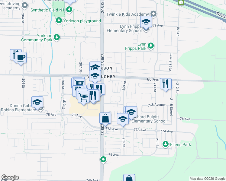 map of restaurants, bars, coffee shops, grocery stores, and more near 7947 209 Street in Langley Township
