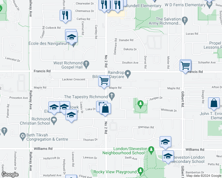 map of restaurants, bars, coffee shops, grocery stores, and more near 9319 Romaniuk Drive in Richmond