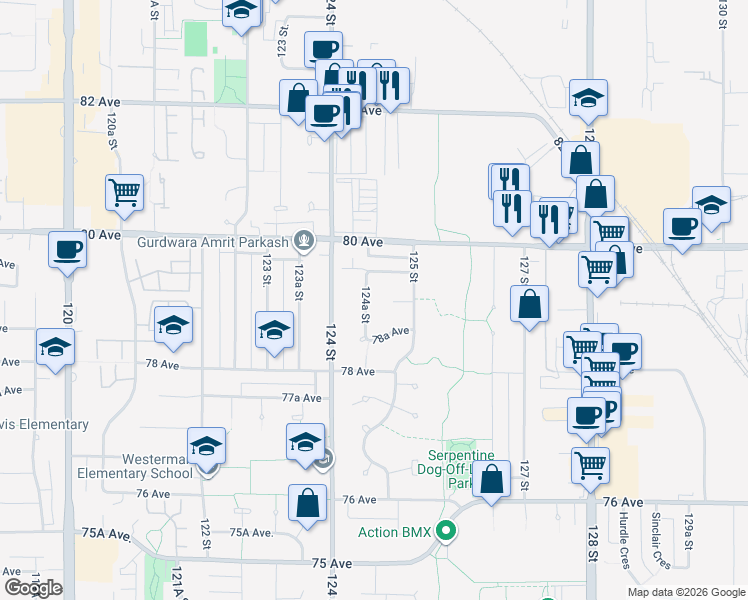 map of restaurants, bars, coffee shops, grocery stores, and more near 7906 124A Street in Surrey