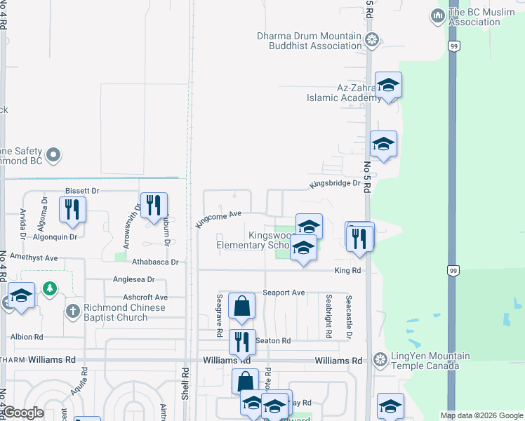 map of restaurants, bars, coffee shops, grocery stores, and more near 11121 Kingsbridge Drive in Richmond
