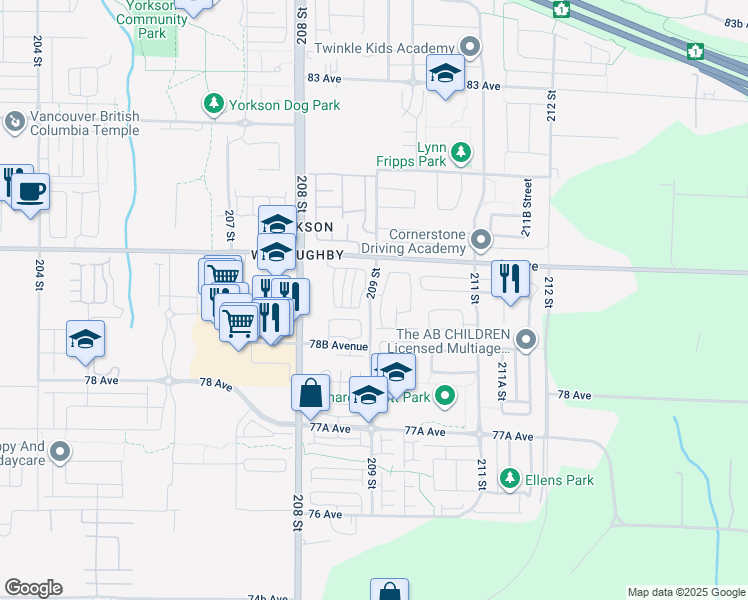 map of restaurants, bars, coffee shops, grocery stores, and more near 104-7848 209 Street in Langley Township