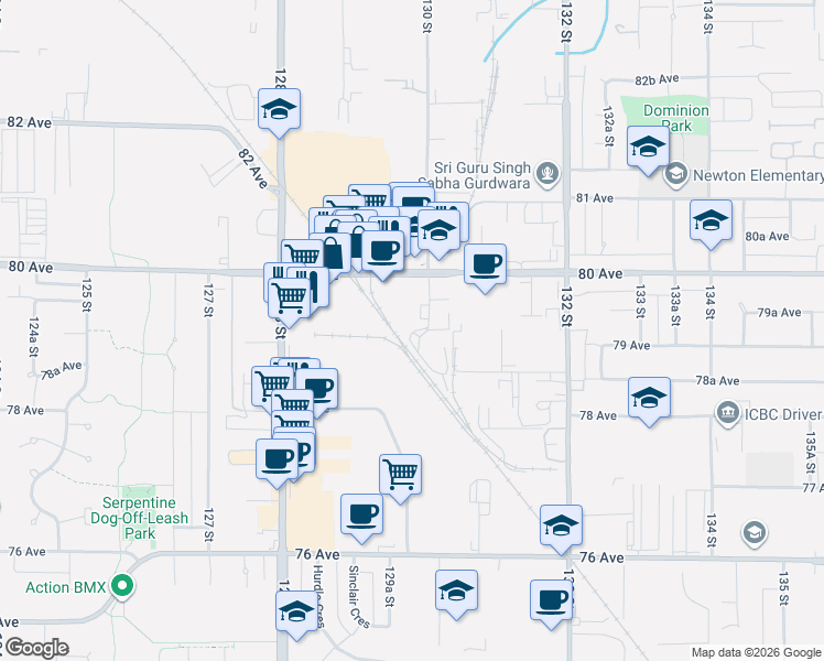 map of restaurants, bars, coffee shops, grocery stores, and more near 7915 130 Street in Surrey
