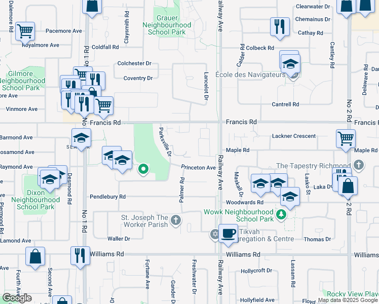 map of restaurants, bars, coffee shops, grocery stores, and more near in Richmond