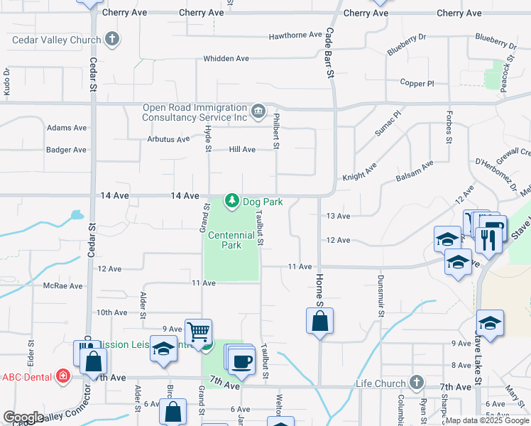 map of restaurants, bars, coffee shops, grocery stores, and more near 7940 Taulbut Street in Mission