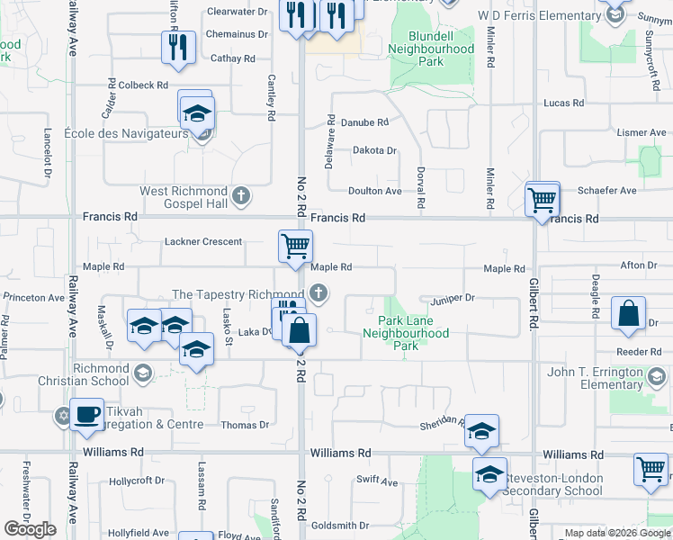 map of restaurants, bars, coffee shops, grocery stores, and more near 6100 Maple Road in Richmond