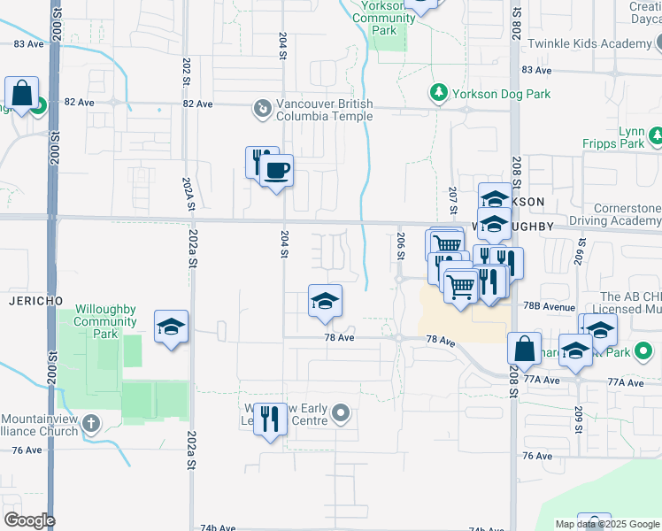map of restaurants, bars, coffee shops, grocery stores, and more near 7918 204B Street in Langley Township