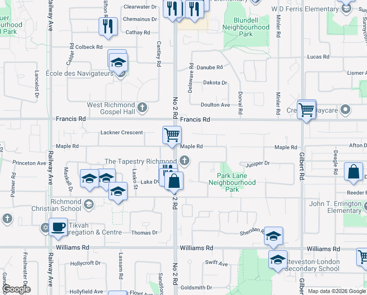 map of restaurants, bars, coffee shops, grocery stores, and more near 9319 Romaniuk Drive in Richmond