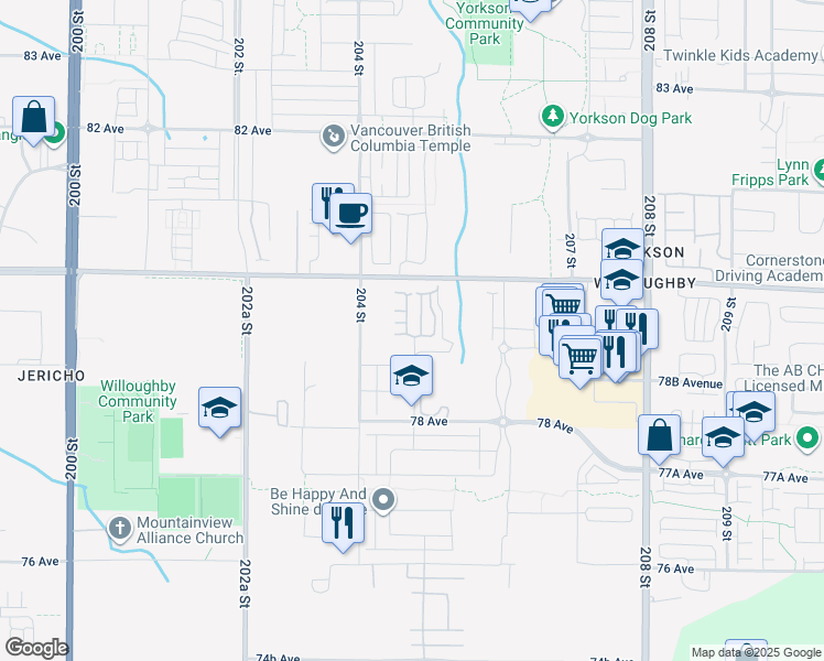 map of restaurants, bars, coffee shops, grocery stores, and more near 7919 204B Street in Langley Township
