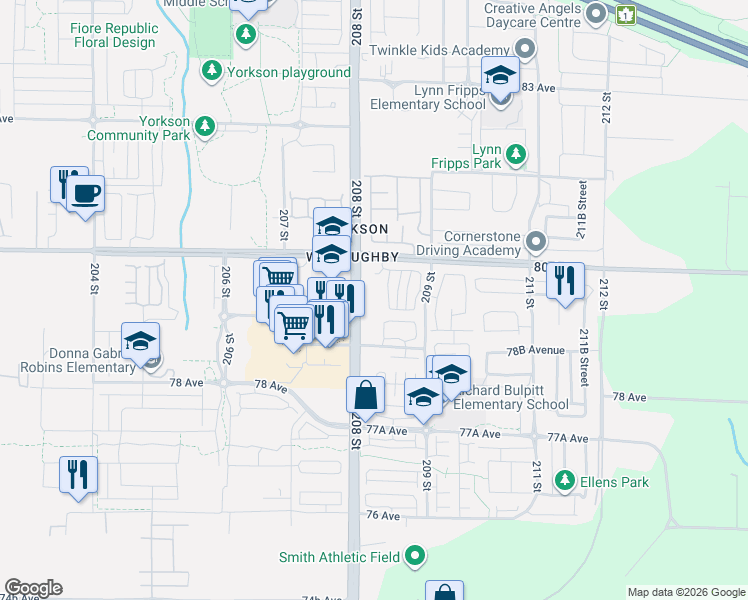 map of restaurants, bars, coffee shops, grocery stores, and more near in Langley Township