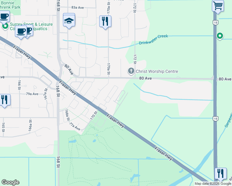 map of restaurants, bars, coffee shops, grocery stores, and more near 17155 79A Avenue in Surrey