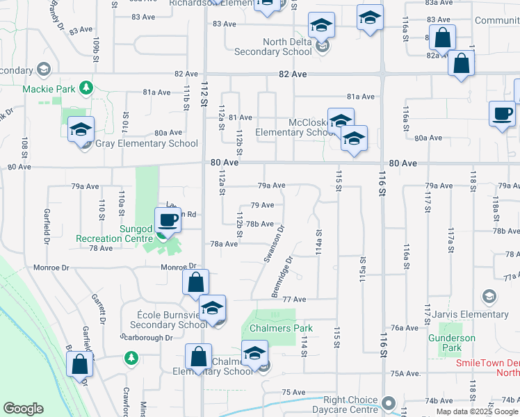 map of restaurants, bars, coffee shops, grocery stores, and more near 11308 79 Avenue in Delta