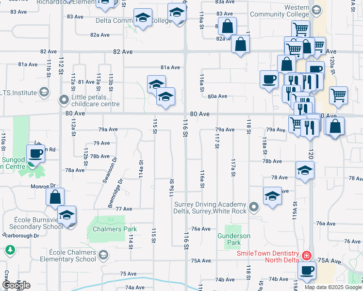 map of restaurants, bars, coffee shops, grocery stores, and more near 7901 116 Street in Delta