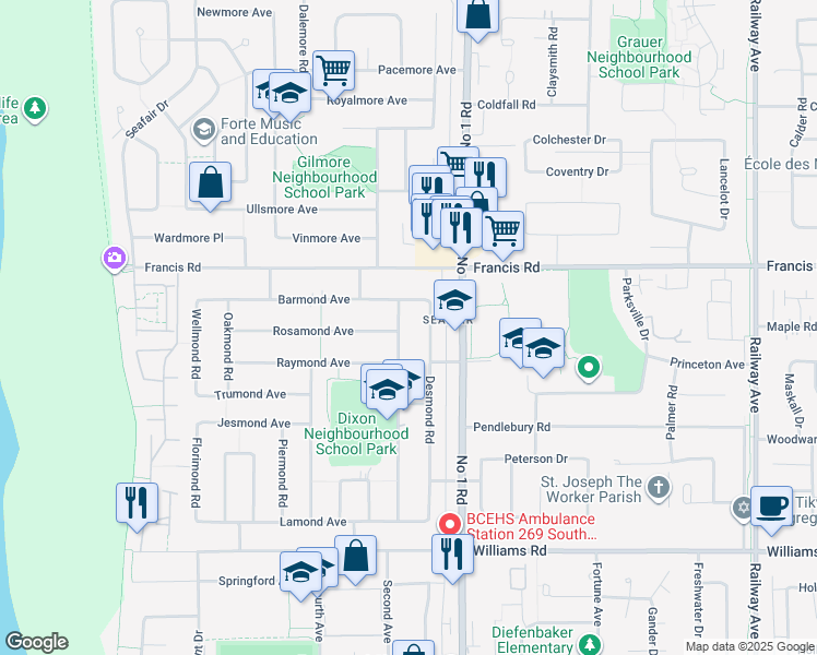 map of restaurants, bars, coffee shops, grocery stores, and more near 9128 Diamond Road in Richmond