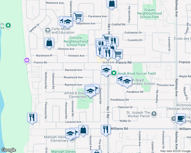 map of restaurants, bars, coffee shops, grocery stores, and more near 9031 Desmond Road in Richmond