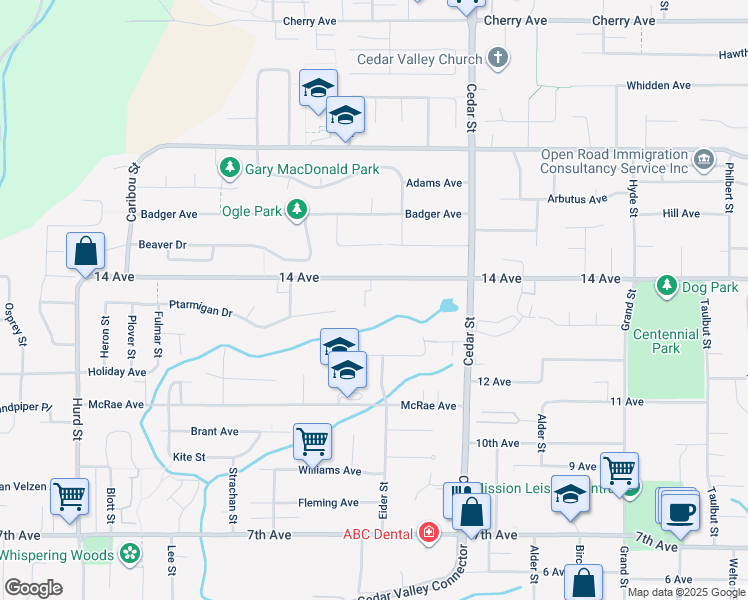 map of restaurants, bars, coffee shops, grocery stores, and more near 32672 14 Avenue in Mission