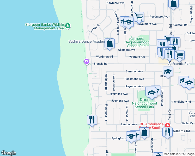 map of restaurants, bars, coffee shops, grocery stores, and more near 3088 Francis Road in Richmond