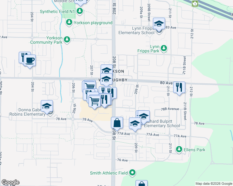 map of restaurants, bars, coffee shops, grocery stores, and more near 20834 80 Avenue in Langley Township