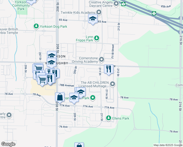 map of restaurants, bars, coffee shops, grocery stores, and more near 21046 79A Avenue in Langley City
