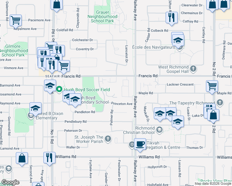 map of restaurants, bars, coffee shops, grocery stores, and more near 9320 Parksville Drive in Richmond