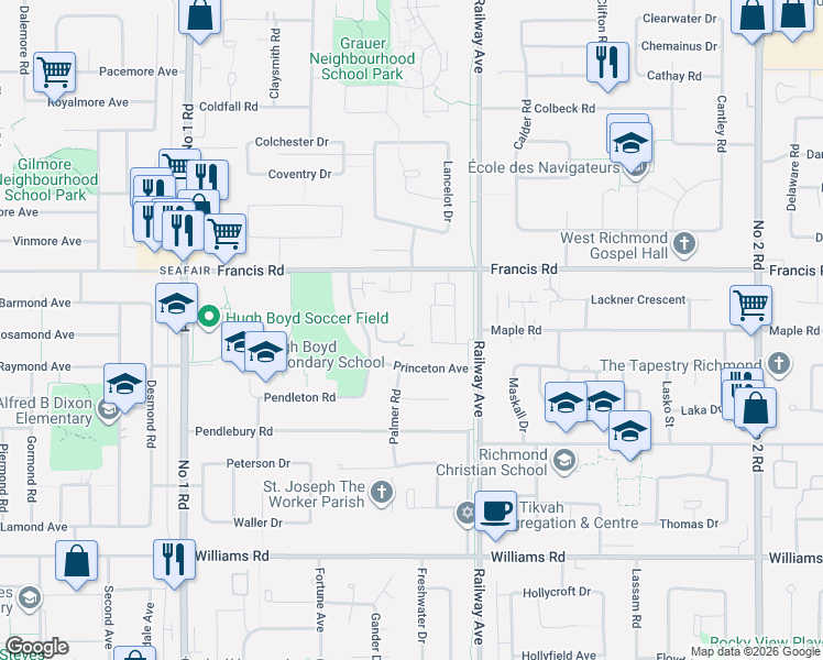 map of restaurants, bars, coffee shops, grocery stores, and more near 9320 Parksville Drive in Richmond