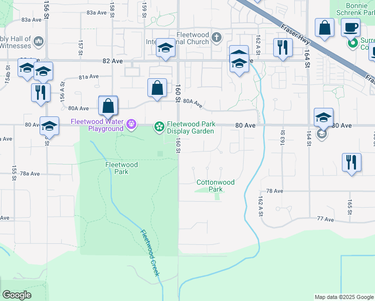 map of restaurants, bars, coffee shops, grocery stores, and more near 16053 79 Avenue in Surrey