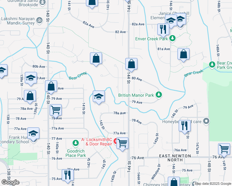 map of restaurants, bars, coffee shops, grocery stores, and more near 7931 Redtail Place in Surrey