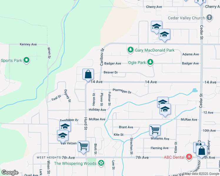 map of restaurants, bars, coffee shops, grocery stores, and more near 32325 Ptarmigan Drive in Mission