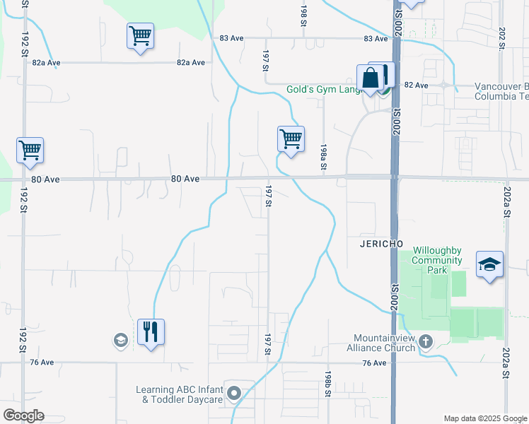 map of restaurants, bars, coffee shops, grocery stores, and more near 7967 197 Street in Langley Township