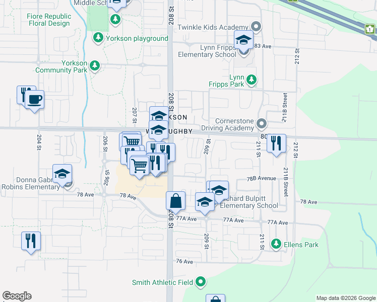 map of restaurants, bars, coffee shops, grocery stores, and more near 7947 209 Street in Langley Township