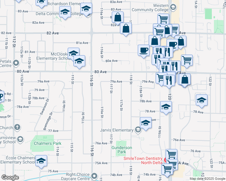 map of restaurants, bars, coffee shops, grocery stores, and more near 7908 117 Street in Delta