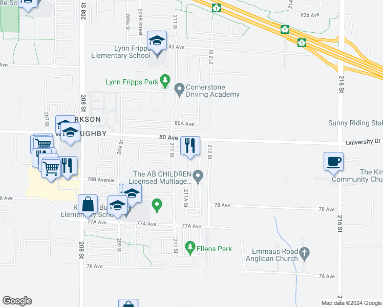 map of restaurants, bars, coffee shops, grocery stores, and more near 21149 79A Avenue in Langley City