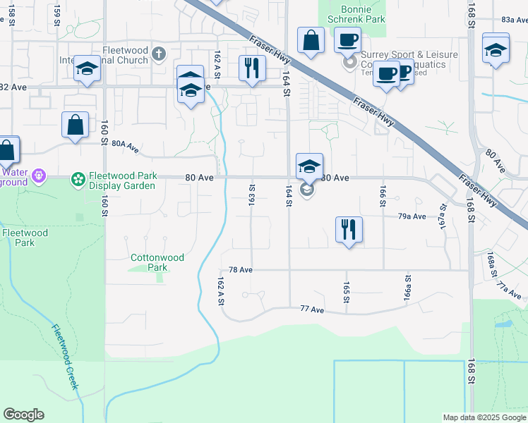 map of restaurants, bars, coffee shops, grocery stores, and more near 16333 79 Avenue in Surrey