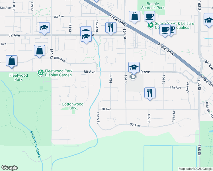 map of restaurants, bars, coffee shops, grocery stores, and more near 16279 79 Avenue in Surrey
