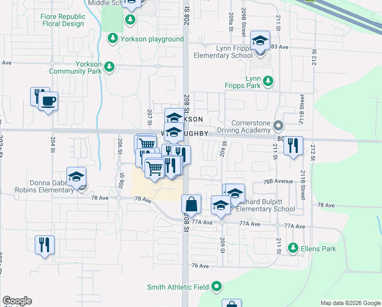 map of restaurants, bars, coffee shops, grocery stores, and more near 20834 80 Avenue in Langley Township
