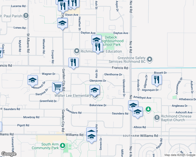 map of restaurants, bars, coffee shops, grocery stores, and more near 9140 Ash Street in Richmond