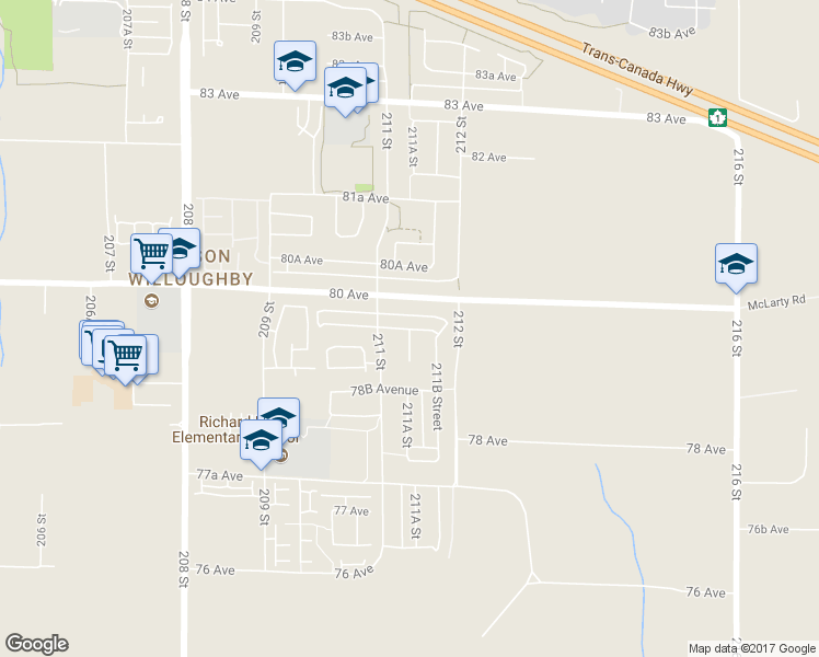 map of restaurants, bars, coffee shops, grocery stores, and more near 21113 79A Avenue in Langley