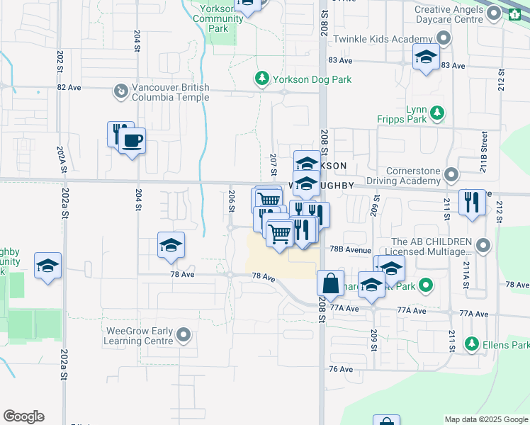 map of restaurants, bars, coffee shops, grocery stores, and more near in Langley Township