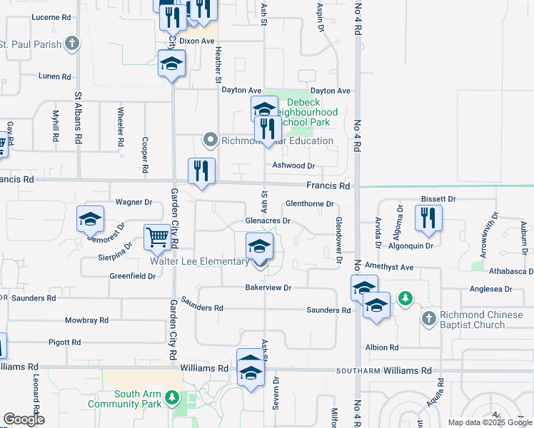 map of restaurants, bars, coffee shops, grocery stores, and more near 9140 Ash Street in Richmond