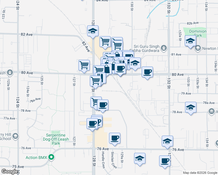 map of restaurants, bars, coffee shops, grocery stores, and more near 7938 128 Street in Surrey