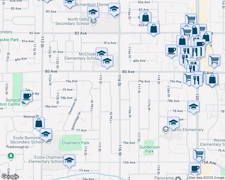 map of restaurants, bars, coffee shops, grocery stores, and more near 7904 115A Street in Delta