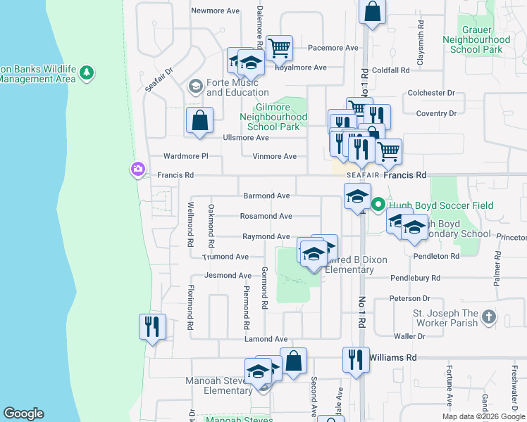 map of restaurants, bars, coffee shops, grocery stores, and more near 3571 Rosamond Avenue in Richmond