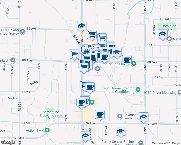 map of restaurants, bars, coffee shops, grocery stores, and more near 7928 128 Street in Surrey