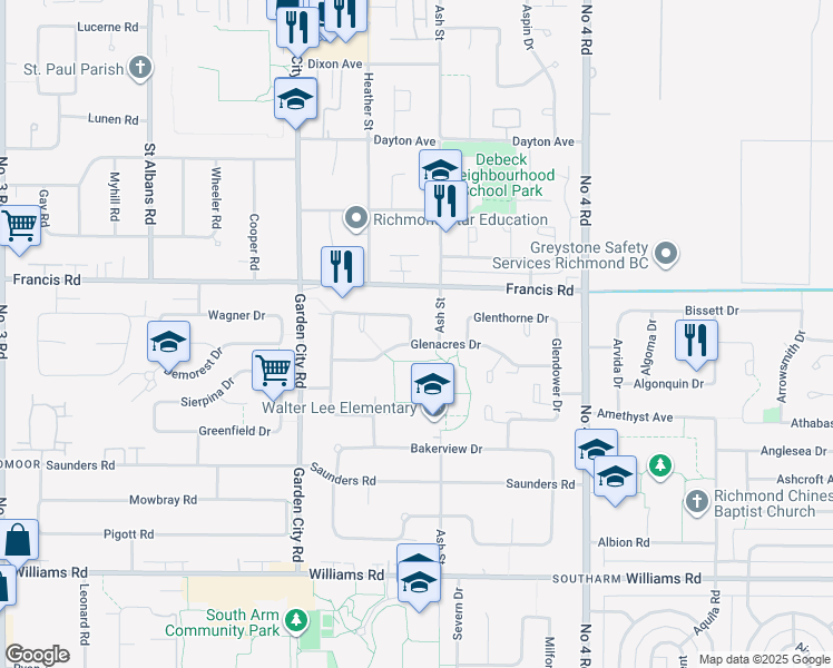 map of restaurants, bars, coffee shops, grocery stores, and more near 9491 Glenbrook Drive in Richmond