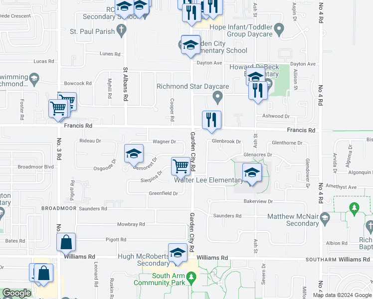 map of restaurants, bars, coffee shops, grocery stores, and more near 8951 Wagner Drive in Richmond